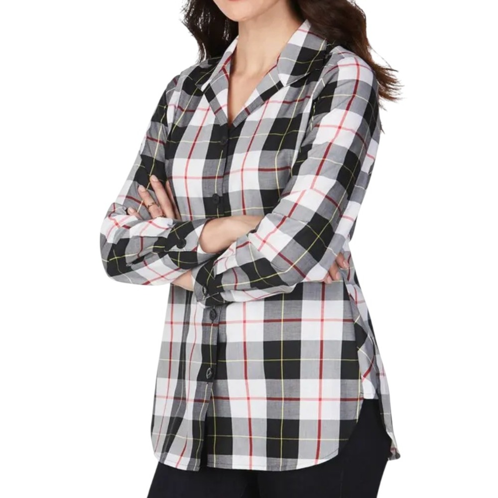 FOXCROFT Pandora Sinclair Tartan Plaid NO-IRON BUTTON-UP SHIRT Tunic Length 8
